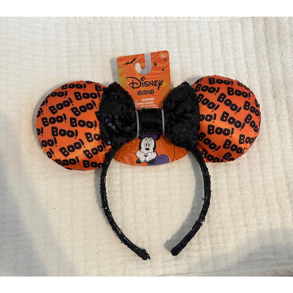 NWT Disney Minnie Mouse Boo! Halloween Orange Black Sequin Glow-in-the-Dark Ears